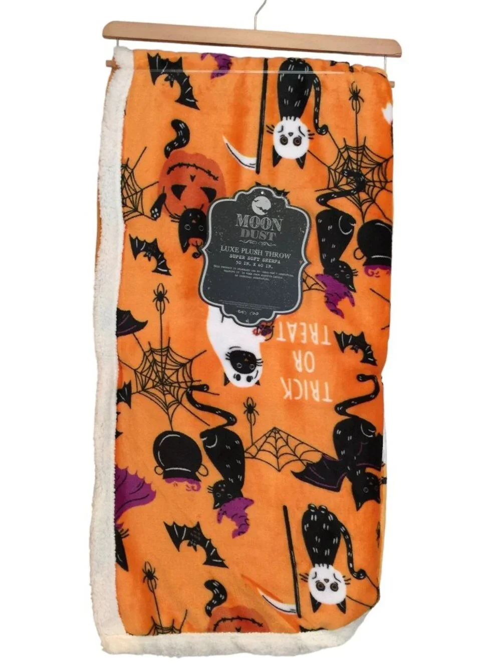 Moon Dust Halloween Black Cats in Costumes Plush Sherpa Throw Ghost Jack o Lante